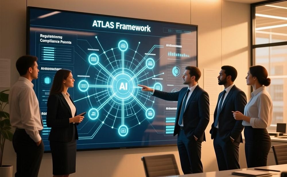 Advisers reviewing the ATLAS framework on a display