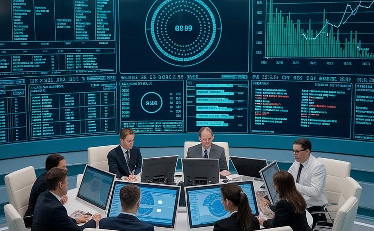 Operations centre with multiple analytical displays