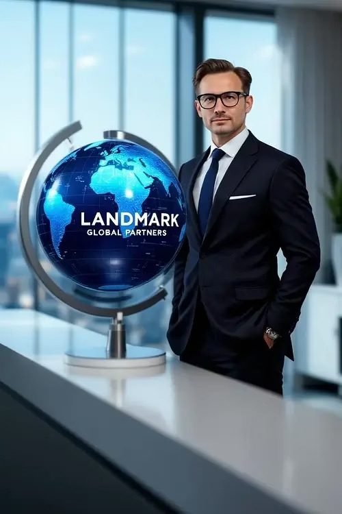 Adviser beside an illuminated globe bearing the Landmark Global Partners mark