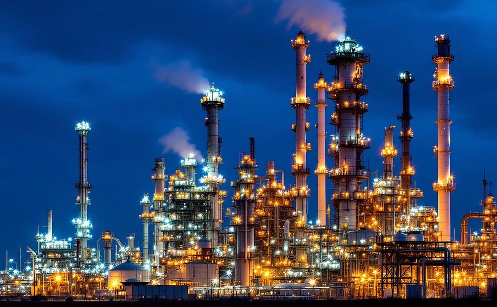 Illuminated refinery at night