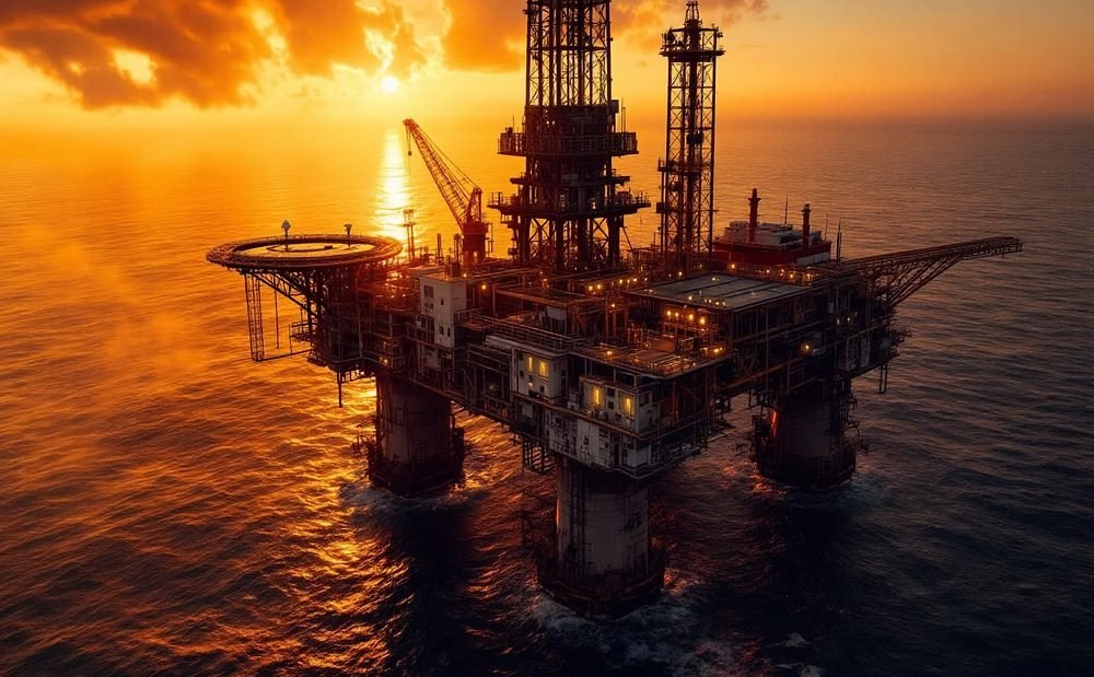 Offshore production platform at dusk